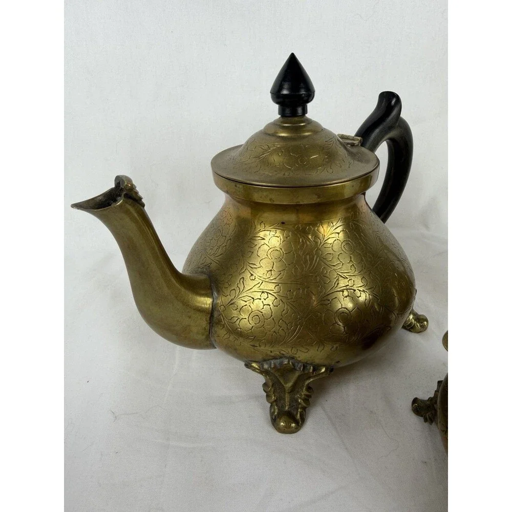 Vintage Brass Tea Set Teapot Creamer Sugar Bowl Detailed Floral Etching
